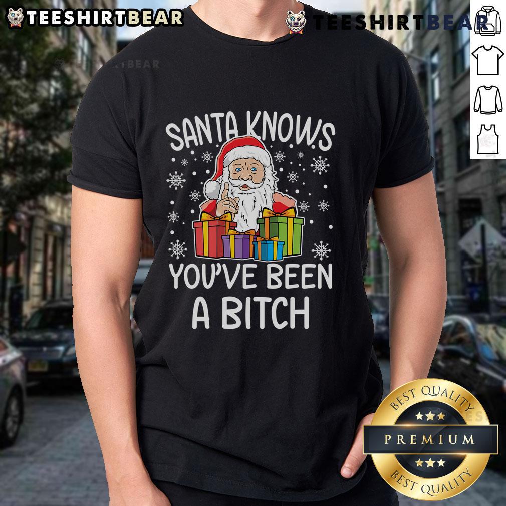 Funny Santa'S Know You'Ve Been A Bitch Santa Claus Christmas T Shirt Funny Santa's Know You've Been A Bitch Christmas T-Shirt featuring a humorous Santa design for holiday festivities.