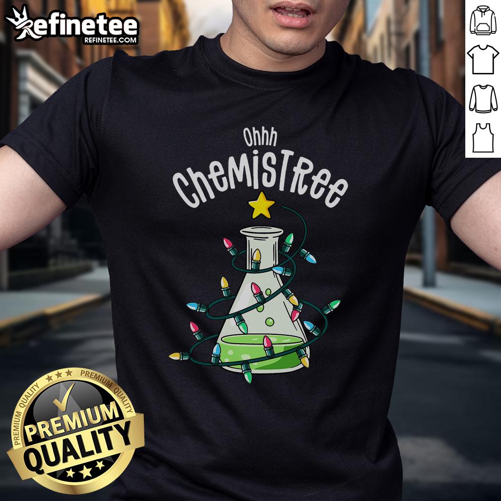 Funny Science Teacher Oh Chemistree Chemistry T Shirt Funny science teacher wearing 'Oh Chemistree' chemistry t-shirt with lab equipment in a classroom setting.