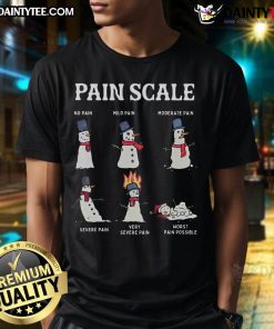 Alt Text: Funny Snowman Retro Pain Scale T-Shirt for Trauma Nurses, perfect for Christmas nursing humor and festive attire.