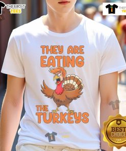 Funny Thanksgiving Trump Turkey T-Shirt featuring cartoon turkeys and humorous text about eating turkeys.