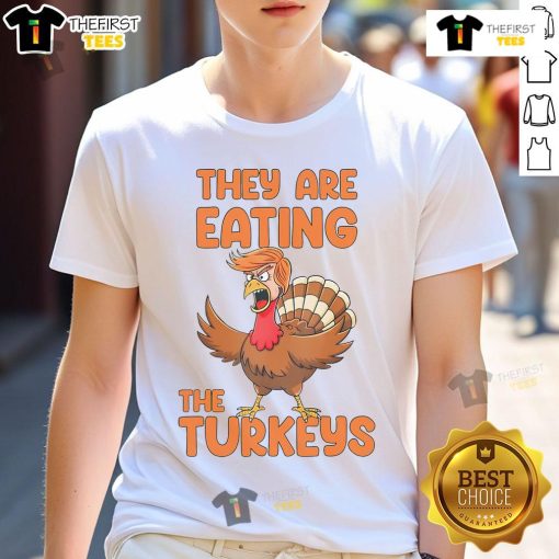 Funny Thanksgiving Trump Turkey T-Shirt featuring cartoon turkeys and humorous text about eating turkeys.