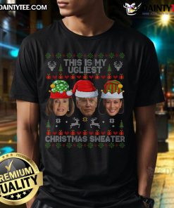 Funny 'This Is My Ugliest Christmas Sweater' Joe Biden Kamala T-Shirt featuring festive graphics and vibrant colors.