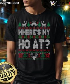 Funny 'Where My Ho At Ho' matching couple Christmas T-shirts in festive design for holiday celebrations.