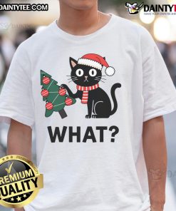 Funny black cat gift t-shirt featuring a mischievous cat pushing a Christmas tree over, perfect for cat lovers.