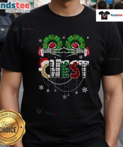 Funny couple wearing matching Xmas skeleton t-shirts with 'Good Chest Nuts' design for a festive holiday vibe.