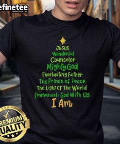 Good Christian Christmas Jesus Bible Names Xmas Tree Shaped T-Shirt design featuring festive and religious elements.