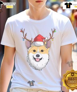 Happy corgi wearing a Santa Claus hat on a festive Christmas holiday t-shirt design for dog lovers.