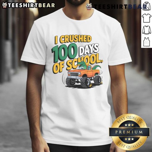 Kids' 'Good I Crushed 100 Day Of School' T-Rex Monster Truck T-Shirt featuring bold graphics and fun design for school celebrations.