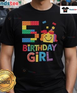 5th birthday girl wearing a 'Good Master Builder' T-shirt with colorful brick blocks design for kids celebrating 5 years old.