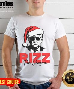 Alt Text: Humorous 'Good Rizz The Season' Christmas T-Shirt featuring Trump 2024 Santa Rizzler design for festive fun.