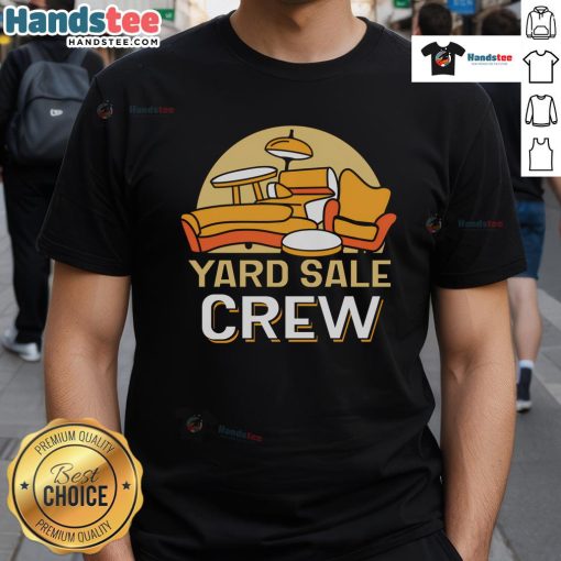 Good yard sale crew seller showcasing colorful T-shirts for sale at a vibrant community yard sale event.