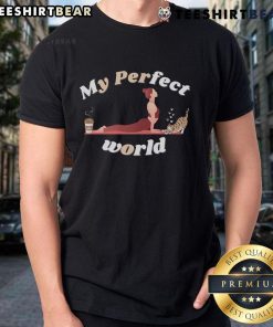 Good Yoga Cats and Coffee Are My Perfect World T-Shirt featuring a playful cat design and yoga elements.