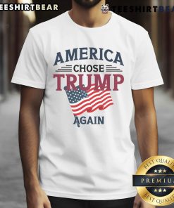 Hot America Chose Trump Again T-Shirt featuring bold graphics and patriotic colors, perfect for supporters of Trump.