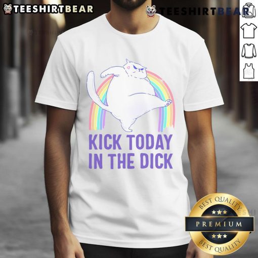 Alt Text: Hot Kick Today in a Dick White Cat pastel rainbow t-shirt, showcasing vibrant colors and a playful design.