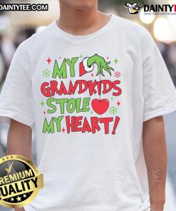 Vintage Grandma Christmas T-Shirt featuring 'My Grandkids Stole My Heart' design, perfect holiday gift for proud grandmothers.