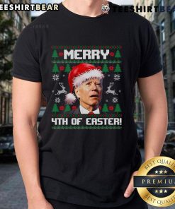 Alt Text: Hot Santa Joe Biden wearing a Merry 4th of Easter ugly Christmas T-shirt, festive and humorous holiday fashion.