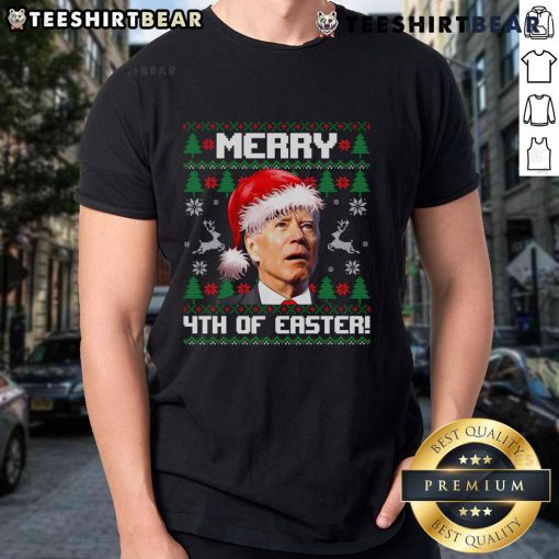 Alt Text: Hot Santa Joe Biden wearing a Merry 4th of Easter ugly Christmas T-shirt, festive and humorous holiday fashion.