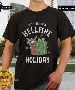Hot Satan Hellfire Club Wish You A Hellfire Holiday T-Shirt featuring fiery graphics and festive design for fans.