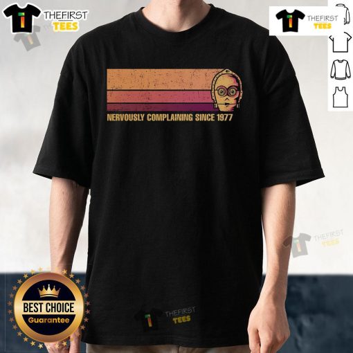 Vintage Star Wars T-shirt featuring 'Nervously Complaining Since 1977' graphic design for fans and collectors.