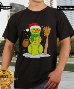 Christmas Snowman Softball Pitcher wearing a festive hat on a cheerful Xmas T-Shirt, perfect for holiday sports fans.