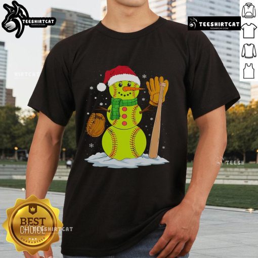 Christmas Snowman Softball Pitcher wearing a festive hat on a cheerful Xmas T-Shirt, perfect for holiday sports fans.