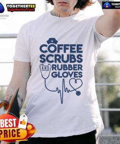 Nice coffee scrubs and rubber T-shirt displayed on a mannequin, showcasing trendy healthcare fashion for professionals.