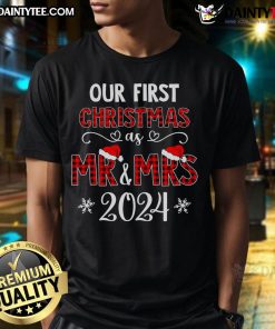 Nice couple wearing 'Our First Christmas As Mr. & Mrs. 2024' T-shirt, celebrating together during the festive season.