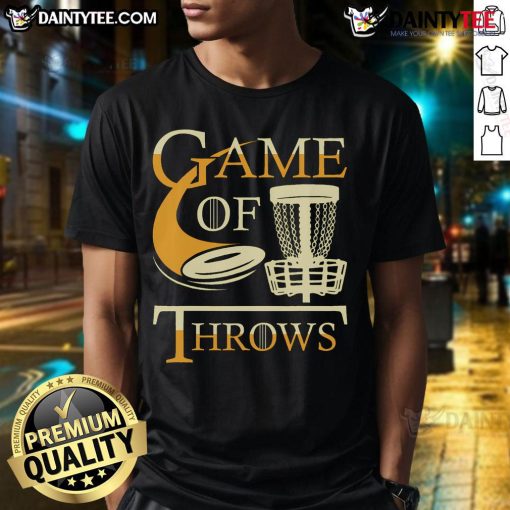 Disc golf player wearing 'Nice Game Of Throws' T-shirt throws a flying disc in a sunny park setting.