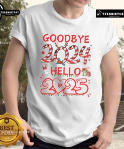 Alt Text: Nice Goodbye 2024 Hello 2025 Merry Christmas Happy New Year 2025 T-Shirt design with festive graphics.