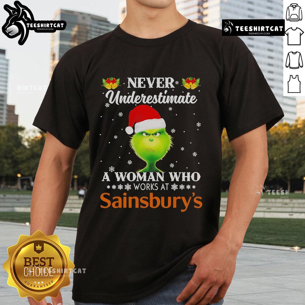 Nice Grinch Never Underestimate A Woman Who Works At Sainsbury's Christmas T-Shirt Nice Grinch Christmas T-Shirt for women at Sainsbury's, featuring a playful design and festive colors.