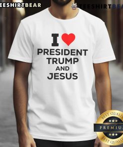 Alt Text: Nice I Heart President Trump and Love Jesus T-Shirt featuring bold graphics and patriotic colors for Trump supporters.