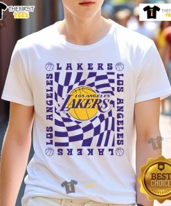 Nice Los Angeles Lakers Retro Checkerboard Wave T-Shirt featuring vibrant colors and a stylish checkerboard design.