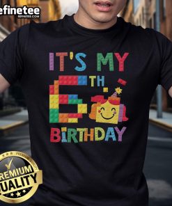 Colorful 'Nice Master Builder 6th Birthday' t-shirt featuring playful brick block design for kids' birthday celebration.