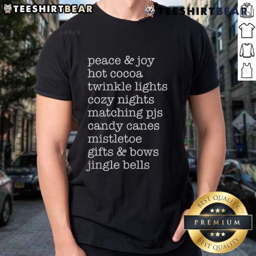 Cozy nights t-shirt featuring 'Nice Peace And Joy' design with hot cocoa and twinkle lights for festive comfort.