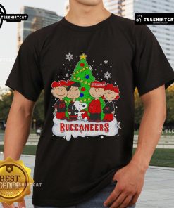 Nice Peanuts Characters Tampa Bay Buccaneers Christmas Tree T-Shirt featuring festive designs and team spirit for holiday cheer.