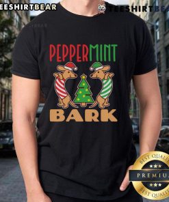 Alt Text: Cute dachshund wearing a peppermint bark Christmas t-shirt, perfect for dog lovers during the holiday season.