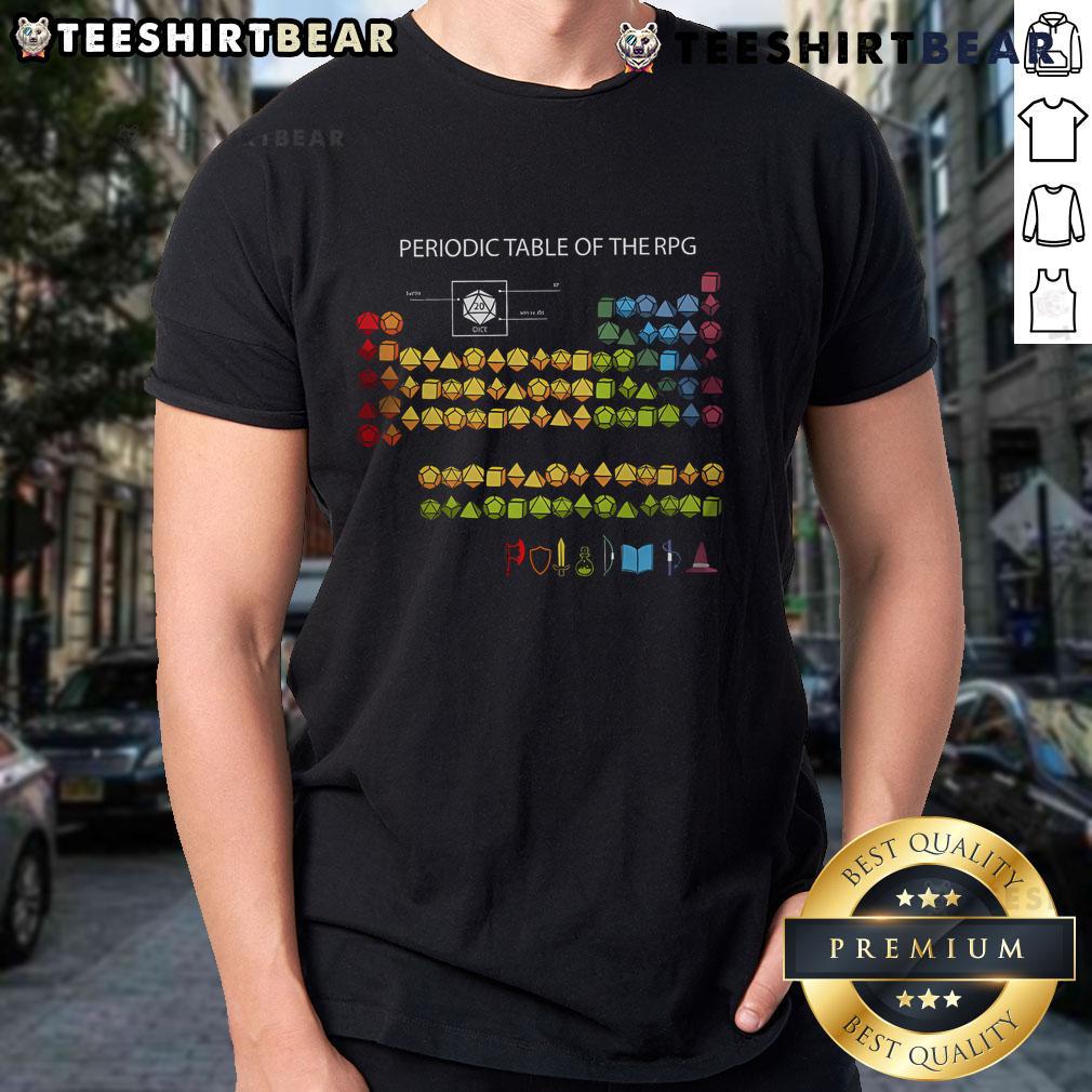 Nice Periodic Table Of The Rpg T Shirt Stylish RPG T-shirt featuring a colorful periodic table design, perfect for gamers and science enthusiasts.