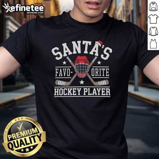 Santa's Favorite Hockey Player Christmas T-Shirt featuring festive ice hockey graphics for holiday cheer.