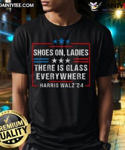 Alt Text: Stylish ladies' shoes paired with a 'Harris Walz 2024' t-shirt, featuring a glass-themed design.