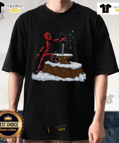 Nice The Katana In The Stone Deadpool T-Shirt featuring a striking graphic of Deadpool with a katana in a stone.