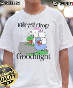 Alt Text: Cute 'Kiss Your Frogs Goodnight' T-Shirt featuring playful frog graphics, perfect for whimsical bedtime reminders.