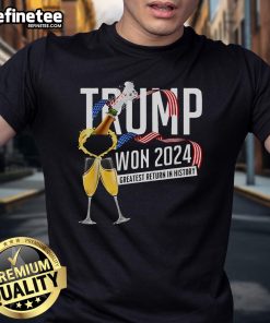 Alt Text: Nice Trump Won 2024 American Flag T-Shirt featuring champagne and a vote for president design.
