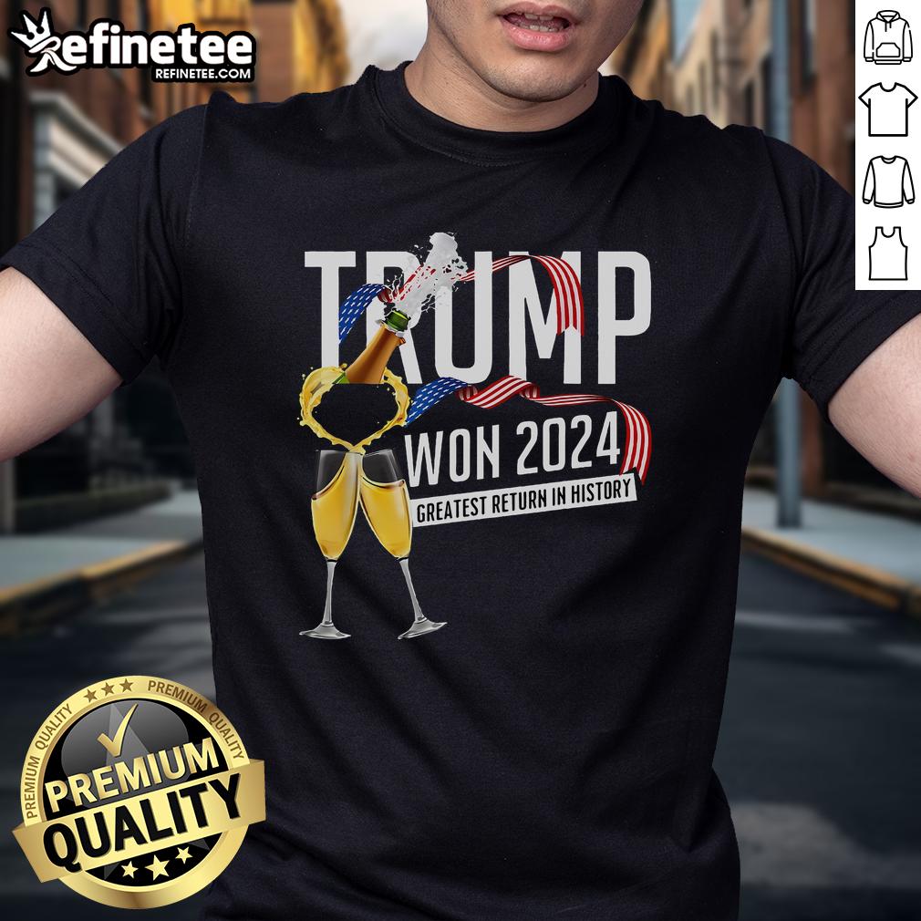 Nice Trump Won 2024 American Flag With Champagne Vote President T Shirt Alt Text: Nice Trump Won 2024 American Flag T-Shirt featuring champagne and a vote for president design.
