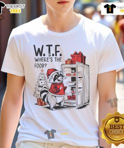 Funny 'Wtf Where's The Food' raccoon T-shirt perfect for Christmas foodies celebrating the holiday season.