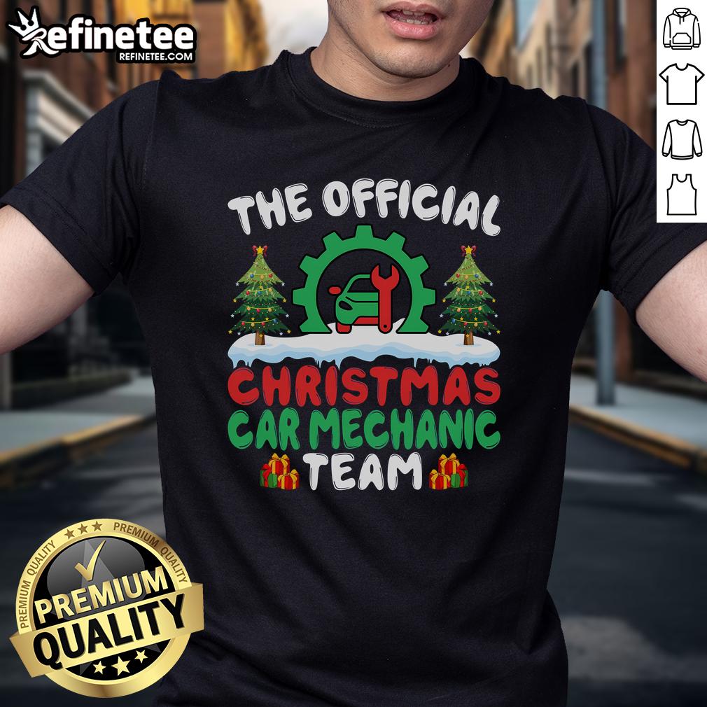 Nice Xmas Car Mechanic Team Auto Repair Cars Fixing Christmas T Shirt Cheerful auto repair team in Christmas T-shirts fixing cars, celebrating the holiday spirit in a mechanic workshop.