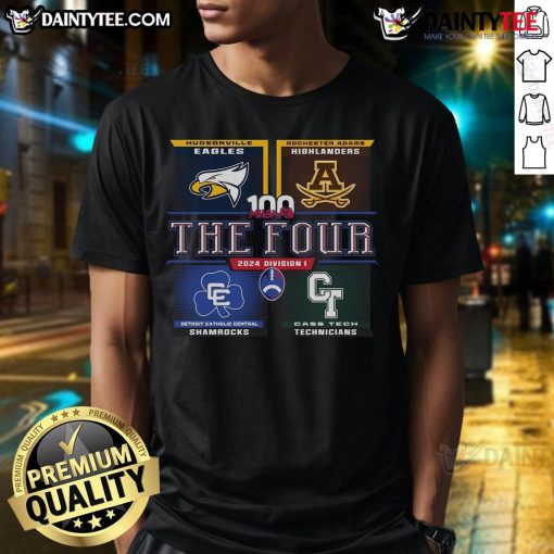 Alt Text: Official 2024 MHSAA Football Division 1 'The Four' T-Shirt showcasing team spirit and championship pride.
