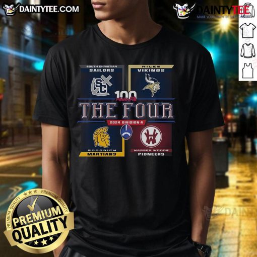 Official 2024 MHSAA Football Division 4 The Four T-Shirt featuring bold design and team colors for fans and players.