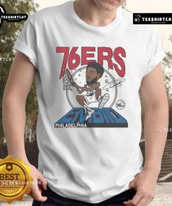 Official 76ers Joel Embiid Signature T-Shirt featuring vibrant team colors and player graphics, perfect for fans.