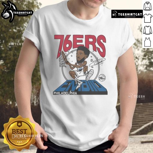 Official 76ers Joel Embiid Signature T-Shirt featuring vibrant team colors and player graphics, perfect for fans.