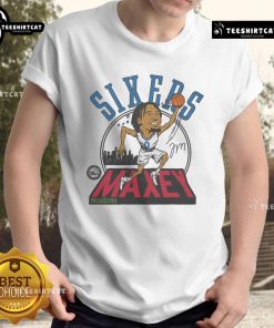 Official 76ers Tyrese Maxey Signature T-Shirt featuring bold graphics and team colors, perfect for fans and collectors.